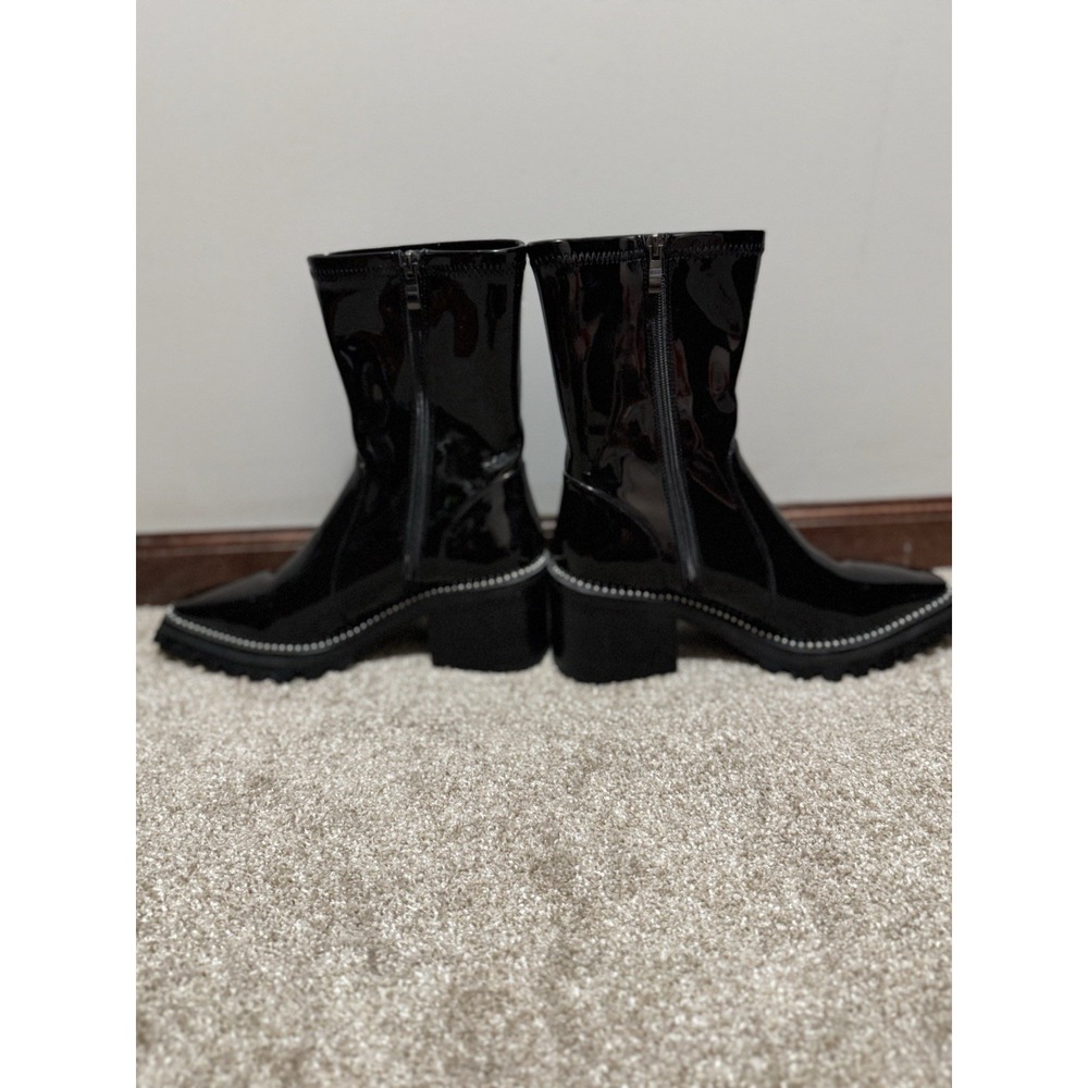 Black Patent Ankle Boots Chunky Lug Sole Silver Bead Glam Goth Grunge - Picture 5 of 8
